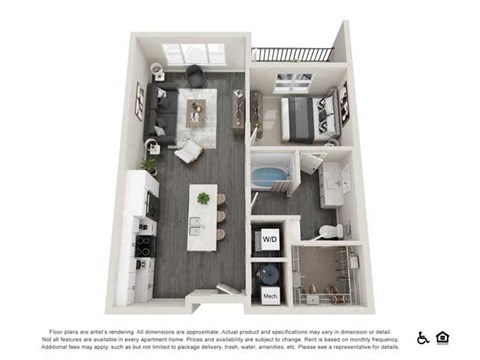 Floor plan for 1 bed, 1 bath, 742 sqft